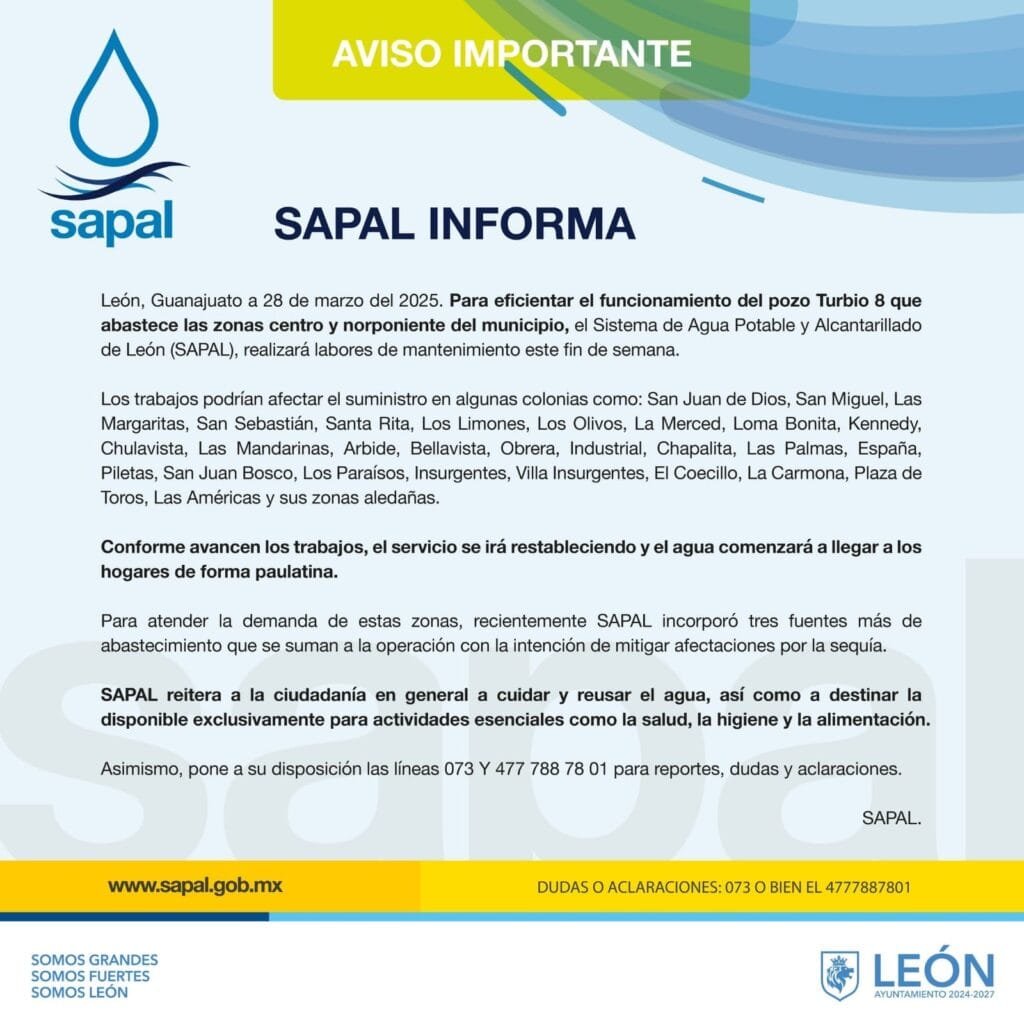 SAPAL dará mantenimiento a pozo del centro y norponiente; faltará agua