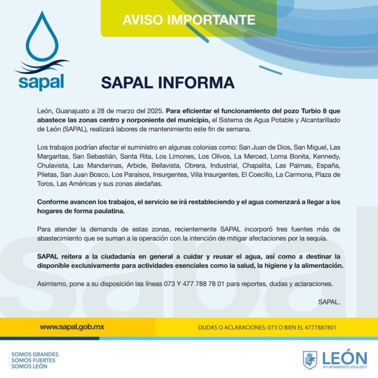 SAPAL dará mantenimiento a pozo del centro y norponiente; faltará agua