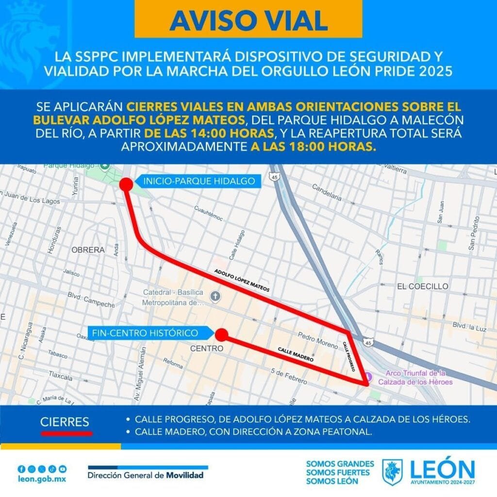 Marcha de orgullo, Parque Hidalgo, León, López Mateos, operativo, seguridad, cierre vial