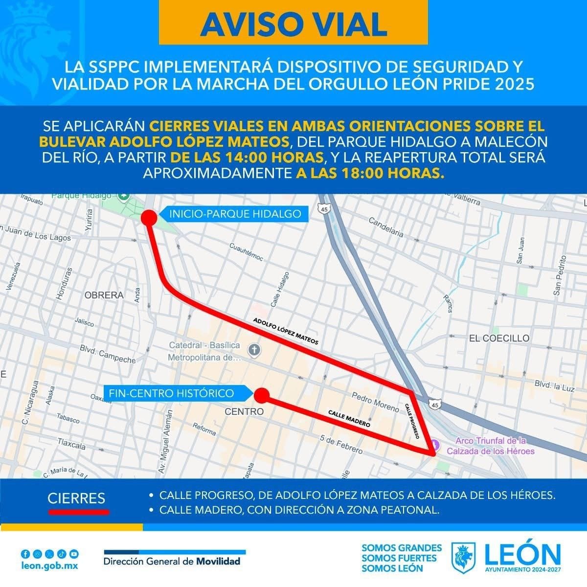 Marcha de orgullo, Parque Hidalgo, León, López Mateos, operativo, seguridad, cierre vial